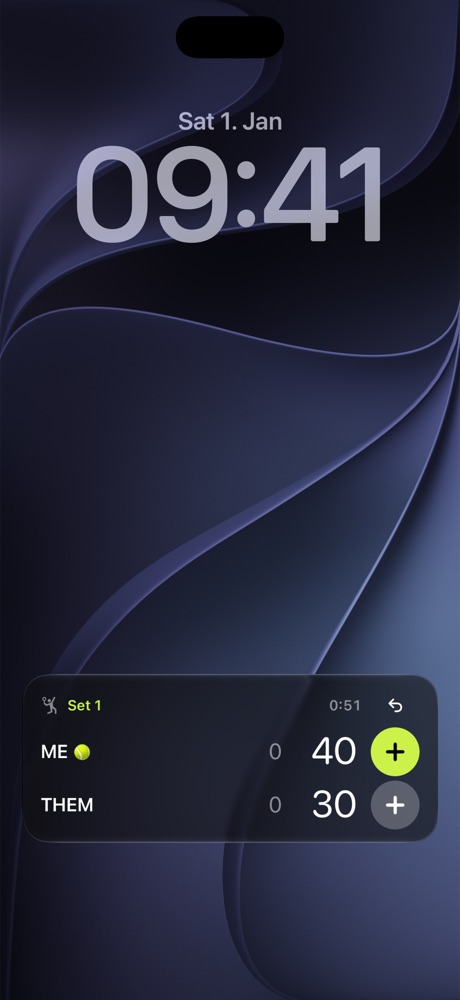 The TapLet Live Activity on the iPhone Lock Screen, showing Me 40, Them 30 with a + button for each side.