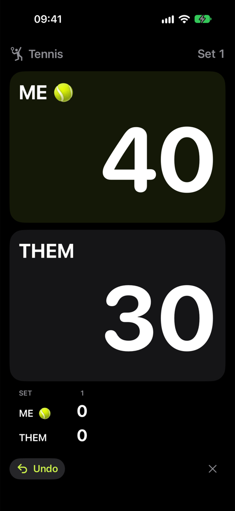 TapLet on iPhone: a tennis scoreboard showing Me 40, Them 30 in set 1, with Me serving.