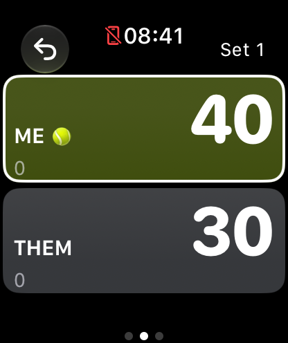 TapLet on Apple Watch: two big tap areas, Me 40 and Them 30 in set 1, with Me serving.